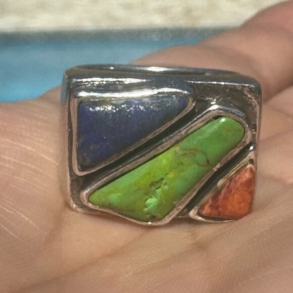Native American Gaspeite Coral Lapis Sterling Silver Statement Ring Size 8 - Picture 8 of 9